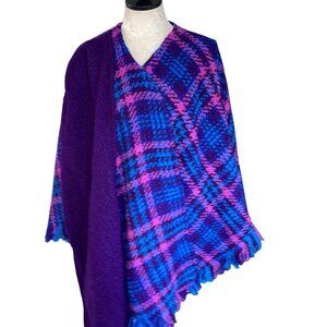 Boyne Valley Weavers Womens One Size Blue Wool Hand Knit Plaid Shawl Poncho